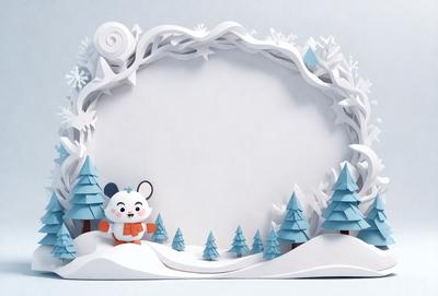 The primary subject of the image is a snowy scene featuring a small white and black animal, possibly a mouse or a rabbit, standing in the snow. The setting is a winter landscape with trees and a snowy hill. The visual style of the image is a combination of digital art and illustration, creating a unique and creative representation of the snowy environment. The colors and mood of the image are predominantly white and cold, with the snowy landscape and the small animal creating a sense of tranquility and seren